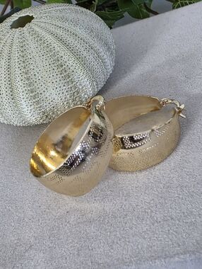 Gold Filled Wide Hoop Earrings with Greek Key Design